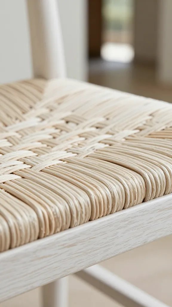 Textural macro plus context: a macro shot of the woven seat material against the white oak frame, capturing the tight weave and natural fibers, with the edge of the bench frame in soft focus. Include a hint of the bench’s beveled leg silhouette in the background, plus a blurred entryway with soft daylight to imply real-world use.