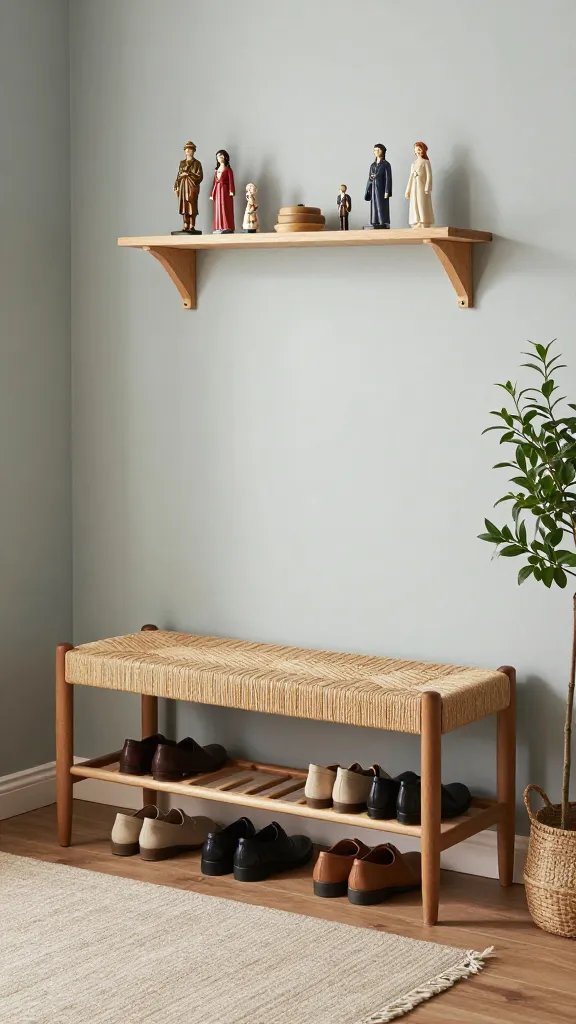a cozy Entryway scene staged with a Mid Century Entryway Woven Seat Shoe Bench with a lower shoe shelf placed against a mint or soft gray wall, several pairs of shoes neatly arranged on the lower shelf of the bench, and a subtle leveling of shoes to emphasize the three slats’ spacing. Add a floating shelf mounted on the wall above the bench, and a simple rug beneath and a narrow vertical potted floor plant on the side of the bench. Various Eeuropean inspired figurines are displayed on the shelf. The composition should feel welcoming, orderly, and practical.