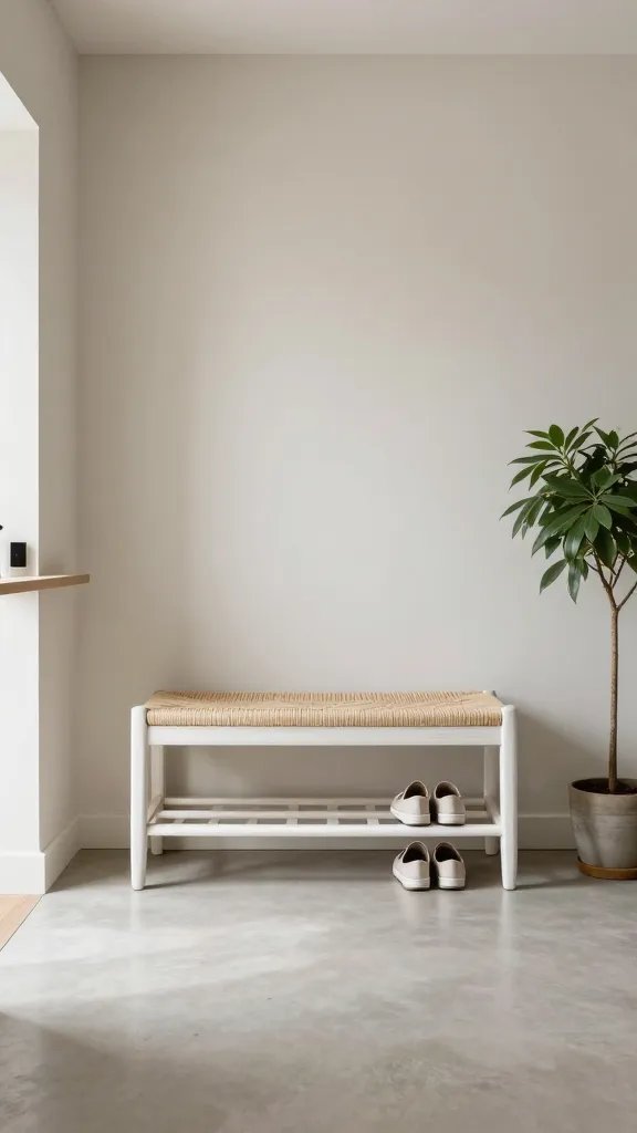Wide-angle, architectural shot of the entire entryway: Mid Century Entryway Woven Seat Shoe Bench with a lower shoe shelf centered with a clean surrounding palette of neutral walls, a slim console on one side, and a potted floor plant in a corner. Emphasize the bench’s clean lines, mid-century feel, and the lower shelf’s three slats with a pair of woman's casual shoes. Natural morning light fills the space, creating gentle reflections on the white oak finish.