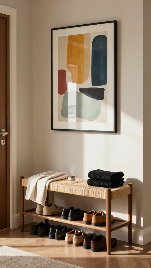 A lifestyle shot in an organized entryway: a Mid Century Entryway Woven Seat Shoe Bench with a lower shoe shelf is displayed nicely indirect sunlight, a small mirror or a large framed abstract, colorful above it, and neatly arranged shoes on the lower shelf. Show the bench styled with a lightweight throw draped over one end and a black Danish cord option folded nearby, suggesting optional customization. Include a faint steam of coffee near the doorway to evoke warmth without overpowering the scene.