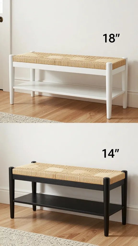 Contrasting finish option showcase: two side-by-side images—one featuring a k 42” long bench that is 18" tall, and 14” wide. Mid Century Entryway Woven Seat Shoe Bench in white oak with a lower shoe shelf and the other with the black Mid Century Entryway Woven Seat Shoe Bench with a lower shoe shelf . Maintain identical lighting, angles, and surrounding entryway context to clearly communicate the design variation and how it alters the piece’s mid-century character. no text on image