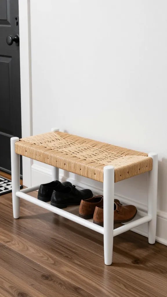 Subtle lifestyle moment: a white oak Mid Century Entryway Woven Seat Shoe Bench with a lower shelf for shoes in use as a waiting/seating area near the front door entry. The scene should highlight the bench’s functionality for shoes while maintaining a calm, design-forward mood.