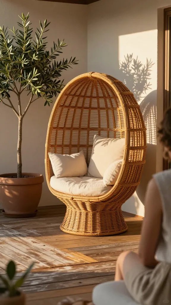 A sunlit patio scene at golden hour showcasing a sculptural rattan egg chair tucked into a staggered corner alcove. Soft cushions in warm neutrals, a small potted olive tree, and weathered wooden deck boards with light reflections. Include a barely visible, casually dressed person with back turned, subtly cropped at the edge, to imply presence without stealing focus. Palette: honeyed rattan, ivory cushions, sage greenery, and warm wood tones.