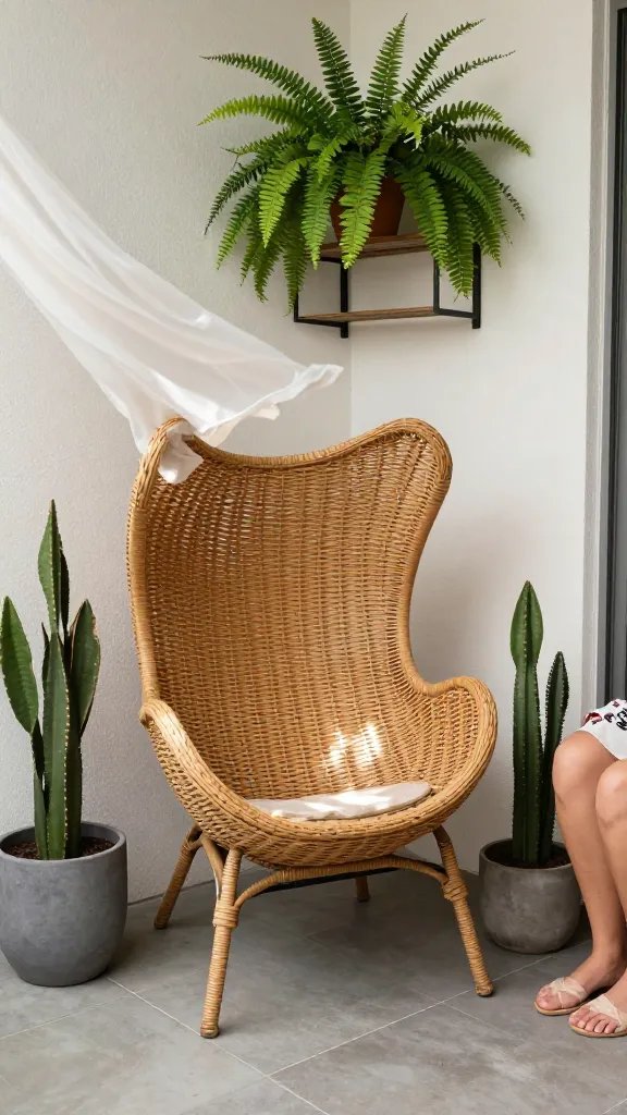 A corner makeover shot: an awkward patio corner transformed by placing the rattan egg chair between two slender planters and a small shelving unit with hanging ferns. Include soft shadows across the chair and a light breeze moving a sheer curtain. Person present off to the side, partially cropped, feet visible, smiling contentedly but not the focus.
