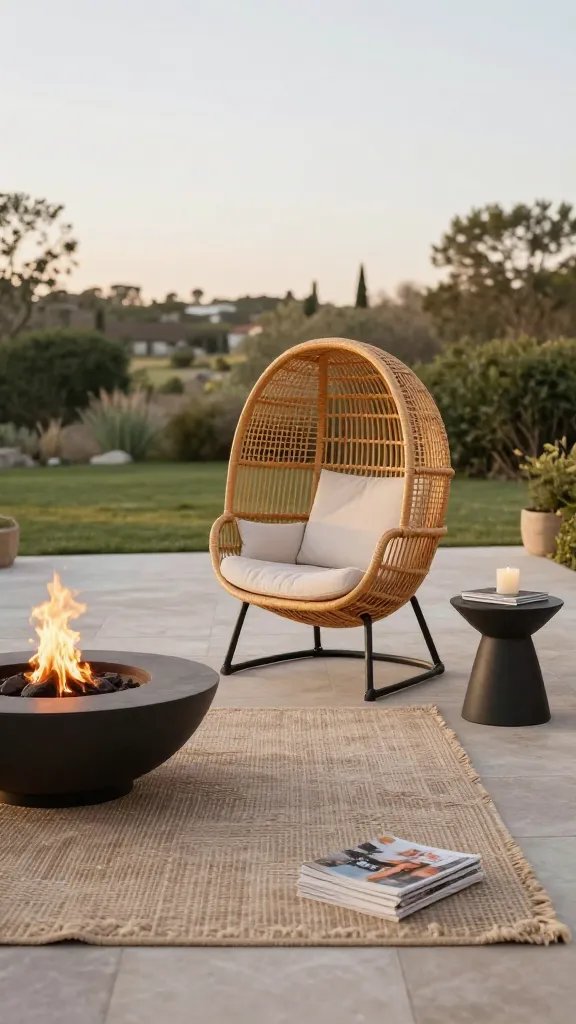 Wide-angle composition of a tranquil patio with the rattan egg chair as the focal point, positioned to create perfect seating in an asymmetrical space. Surrounding elements include a low fire pit, a textured outdoor rug, and two small side tables with a candle and a stack of magazines. The scene is bathed in warm afternoon light, with a blurred background suggesting a distant garden.