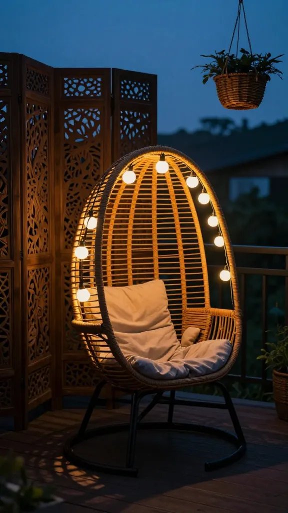 A moody twilight shot: the rattan egg chair glowing under a string of warm globe lights, complemented by a carved wooden screen panel and hanging wicker basket planters. The chair’s curved lines cast soft, inviting shadows on the deck. A barely visible figure sits near the chair edge, face out of frame, adding a human scale without dominating the image.