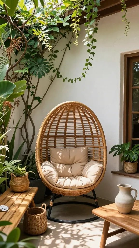 A lush, tropical-inspired patio scene: the rattan egg chair sits against a backdrop of climbing vines on a white plaster wall, with a teak bench, woven baskets, and a cascading plant arrangement. The chair’s cushions are sun-warmed beige, and a ceramic pitcher sits on a nearby table. A person is present off-center, partially cropped, contributing warmth without stealing focus.
