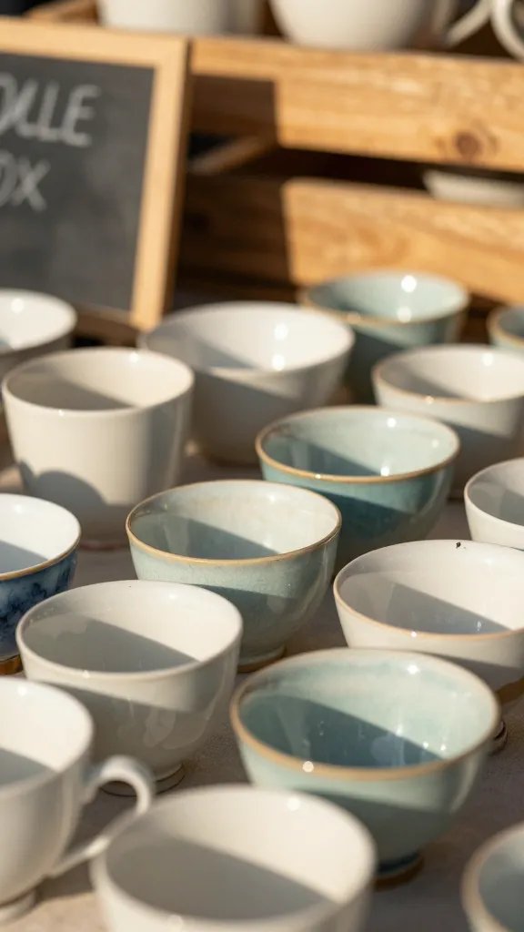 A sunlit flea-market table close-up of a row of vintage teacups and bowls, each showing varied glaze textures from satin to glossy, chips and crazing visible but the light catching the edges to emphasize durability. Behind, a softly blurred chalkboard price tag and a wooden crate shelf, warm golden hour tones, palette of ivory, pale teal, and aged cobalt, with a shallow depth of field highlighting craftsmanship over pattern.