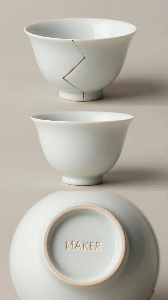 A 3-piece demonstration composition: a chipped teacup, a flawless example, and a maker’s mark close-up, laid out on a soft neutral backdrop. The chipped piece is shown in a deliberate diagonal to convey risk of fragility, while the flawless piece sits centered, and the maker’s mark is magnified with a gentle macro to emphasize craftsmanship over decoration.