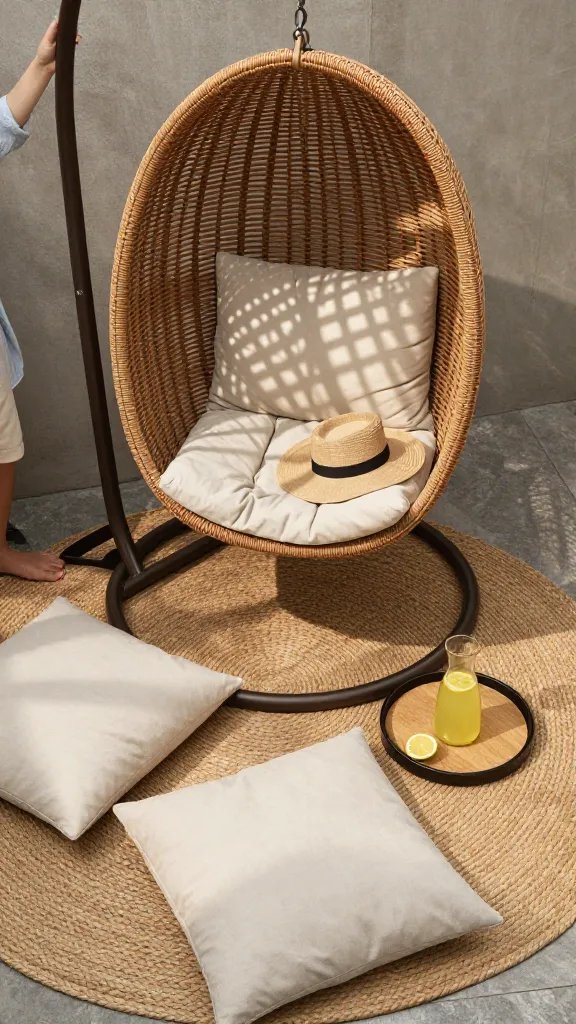 An overhead composition showing Hanging wicker Egg Chair with Stand as a centerpiece of a cozy patio vignette: a woven rug beneath, two floor cushions nearby, a small tray with a carafe of lemonade, and a sunhat resting on the chair. Soft shadows from a nearby lattice create geometric patterns on the cushion. A person stands off to the side, partially cropped, contributing a human scale without drawing focus.