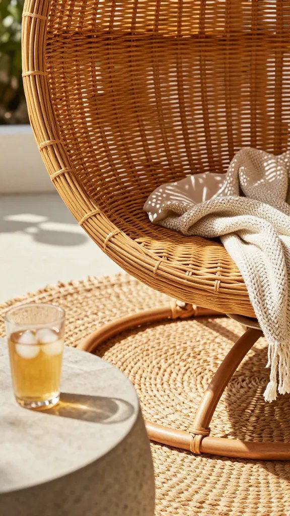 An intimate close-up of the rattan weave forming the wicker Egg Chair’s curves on a sunlight outdoor patio.. a woven weather proof outdoor patio rug is under the chair, a cozy throw draped over the chair's edge, and a low, round outdoor side table with a delicate glass of iced tea.