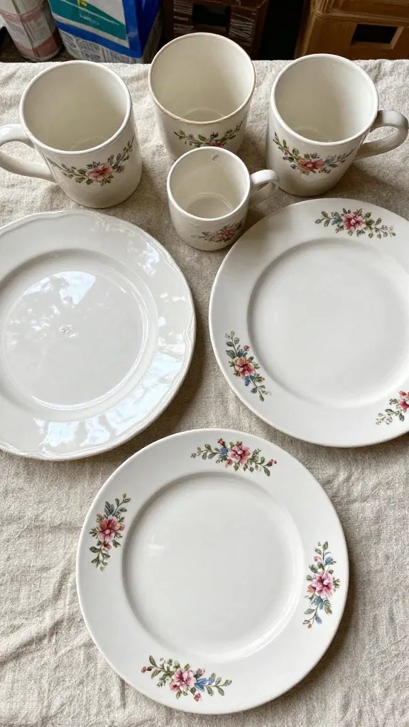An overhead still-life of a well-made vintage dinnerware set arranged on a rustic linen cloth, showing heavy stoneware mugs, a near-flatware of sturdy plates, and a single chipped cup set aside as a visual contrast. Include subtle reflections on glaze, a sketch of maker’s marks faintly visible on a spared underside, and a muted market backdrop in the distance.