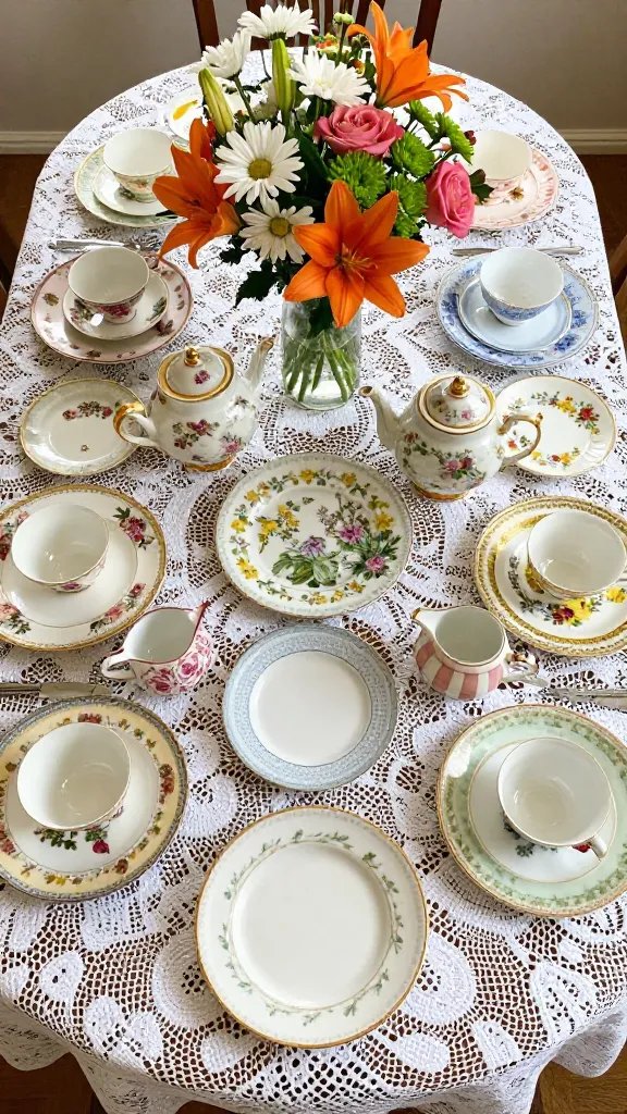 A vibrant, daylight market portrait where a row of vintage place settings is arranged on a sunlit wooden table. The camera focuses on the weathered texture of the glaze and lightly chipped edges, while a distant figure browsing (hands visible, back to camera) suggests discovery without drawing attention away from the pieces’ quality. Palette: warm beiges, earthy browns, and muted blues to convey timeless Craftsmanship.