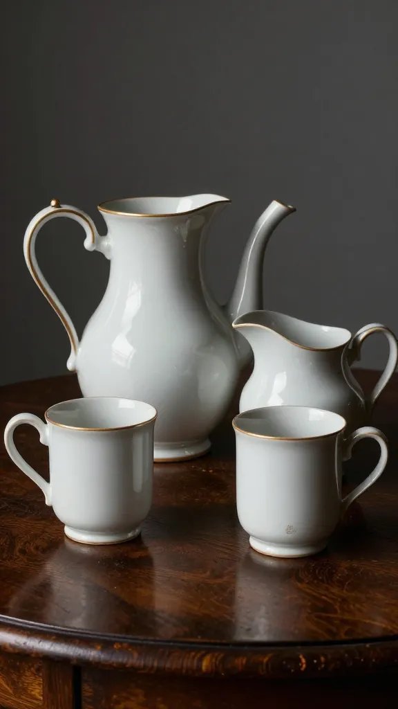 A dramatic still-life of a vintage coffee service (carafe, creamer, and two mugs) arranged on a dark wooden table, with strong side lighting to reveal subtle glaze variations, a pronounced rim thickness, and a maker’s stamp clearly legible near the base of each piece. The scene should feel museum-quality but accessible, implying long-lasting craftsmanship.