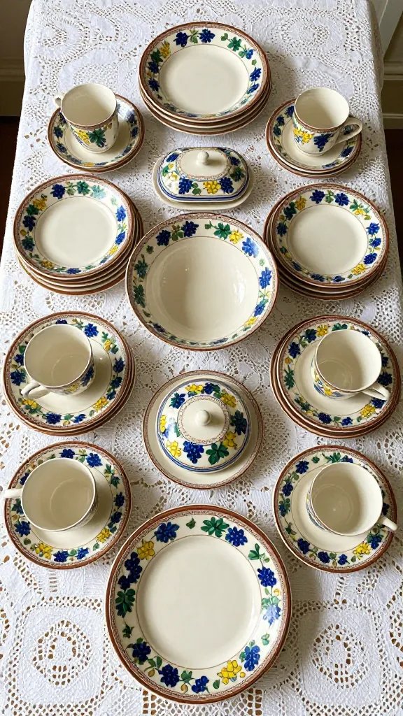 A lifestyle-style kitchen vignette featuring a sunlit counter with a placemat row of durable vintage plates, bowls, and mugs next to a modern kettle. The focus is on the tactile heaviness of the ware—felt through hands resting gently on a plate edge and a cup’s thick wall—while a blurred chalkboard inventory and price tags hint at the marketplace origin.