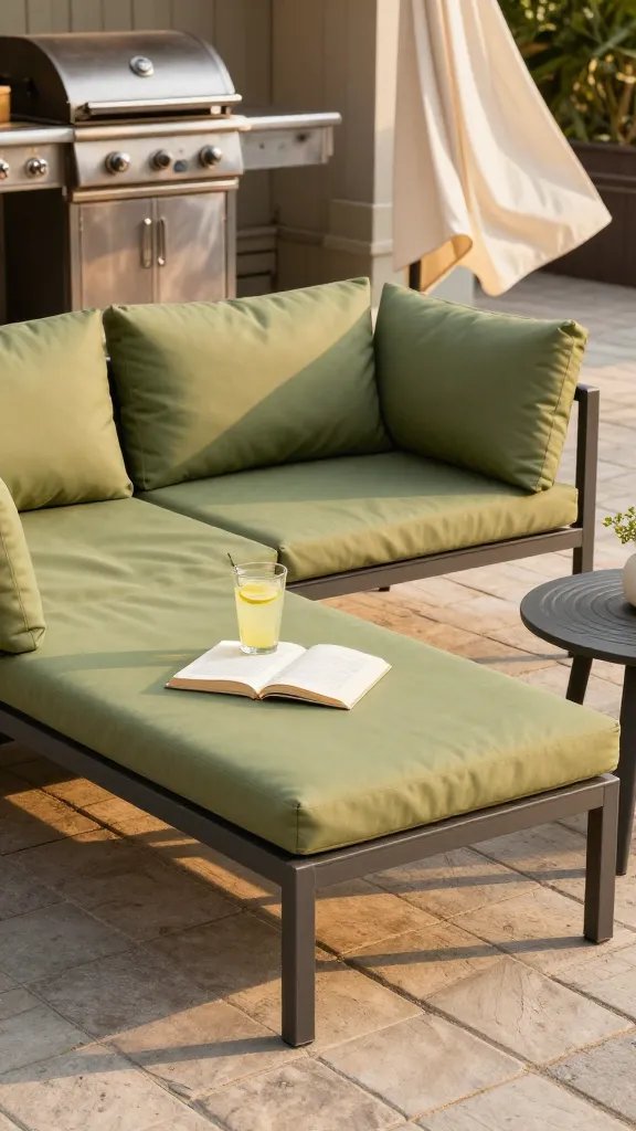 A sun-drenched patio scene featuring a modular outdoor sectional in a charcoal aluminum frame with weather-resistant cushions in soft olive-green fabric. A chaise-longue extends toward a glass of lemonade and a book, while pavers glow warm under late-afternoon light. Include subtle water rings on a small side table, a brushed-metal grill in the distance, and a light breeze suggested by a gently billowing outdoor curtain. No people in frame; the mood is relaxed, durable, and inviting.