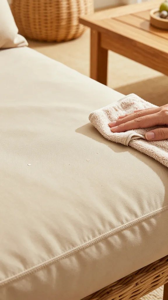 Close-up on fabric performance: a high-resolution shot of a stain-resistant outdoor cushion fabric in sand beige, with tiny droplets beading on the surface after a spill being dabbed with a towel. Show the cushion seam stitching, a fade-free color edge, and a sunlit background of wicker accessories and a teak coffee table. The scene conveys longevity and easy maintenance in a warm afternoon light.