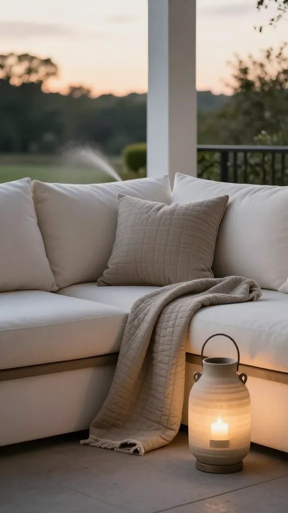 Seasonal transition vignette: a patio corner with a neutral-toned sectional, a quilted outdoor throw draped over the arm, and a ceramic lantern lit for warmth as dusk approaches. Highlight weather-ready fabrics and easy-care cushions, with a sprinkler mist faintly visible in the distance on a hot day’s end. The palette centers taupe, sage, and warm white.