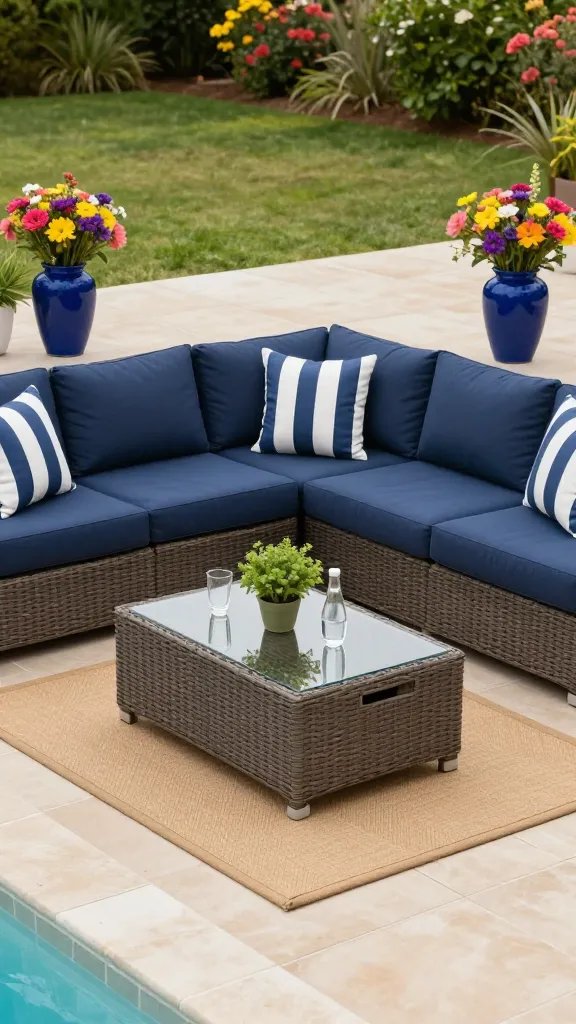 Wide-angle shot emphasizing frame durability: a sectional sofa with a reinforced powder-coated aluminum frame and rust-resistant hardware, photographed from a lower angle to highlight the structural joints and hardware finish. Surroundings include planters with drought-tolerant plants, a clean gray concrete deck, and a hint of a rainwater collection barrel to imply all-weather resilience. Subtle breeze indicated by plant leaves slight motion.