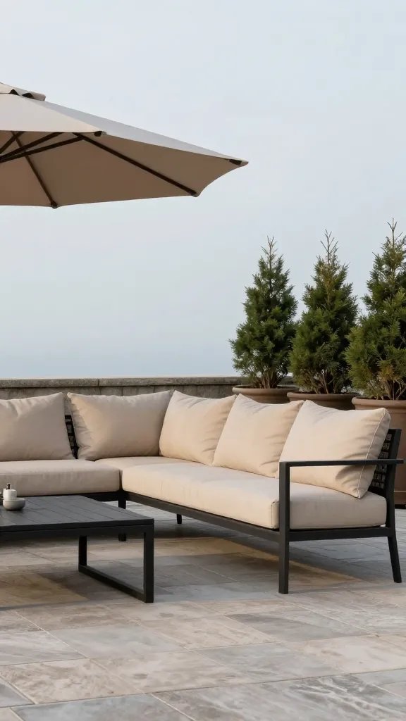Lifestyle detail: a leather-wrapped side table paired with a sectional, showing easy-clean surfaces. Include a glass of lemonade, a small plate with citrus wedges, and a sun hat resting on the armrest. The background features a soft blue-gray sky and potted evergreen shrubs. The shot should feel timeless and low-maintenance, with no people in focus.