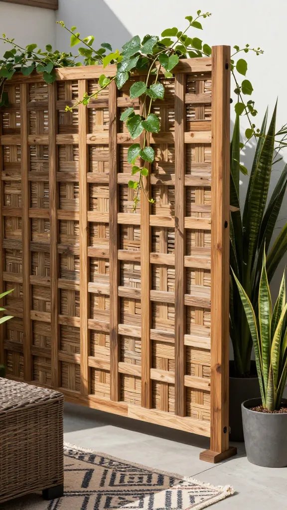 Close-up lifestyle shot of a DIY trellis privacy screen made from reclaimed wood, with climbing vines partially cascading over the top. Frame includes an outdoor area rug with a geometric pattern, a portion of a wicker coffee table, and a few potted tall plants at varying heights to create vertical rhythm. Lighting is bright morning sun with soft shadows, emphasizing the contrast between the woven textures and the smooth concrete beneath. Include subtle water droplets on leaves to imply morning dew.