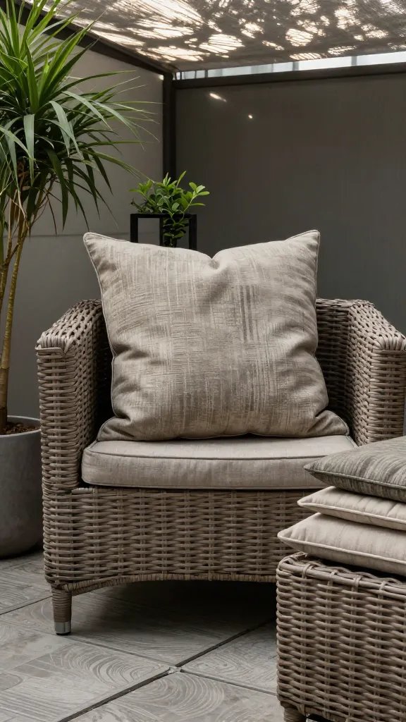 Moody, texture-forward still life of the outdoor area: a weather-resistant throw pillow resting on a wicker chair, a partial view of an outdoor storage ottoman with a lid open to reveal neatly folded cushions, and a few interlocking deck tile seams visible beneath. Include a potted tall plant on one side and a small plant in a vertical planter behind, all under a lightly shaded canopy that glints with sunlit highlights. Emphasize fabric textures, wicker weaving, and the subtle pattern of the deck tiles.