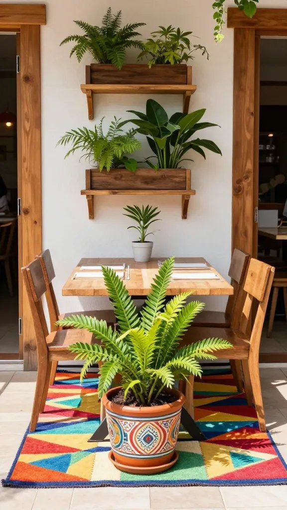 Bright, colorful daytime scene centered on an outdoor dining vignette: a small bistro set placed on a rug with bold geometric shapes, layered with a second floor-height plant in a decorative pot and a taller plant behind to create height. The frame shows a vertical wall planter on a wooden stand in the background, with natural wooden framing and a hint of greenery spilling over. The shot includes a farmer’s-breeze of light, giving subtle shadows on the tiles and a crisp, inviting atmosphere. No people in focus; hands or feet may appear in the periphery as a soft blur.