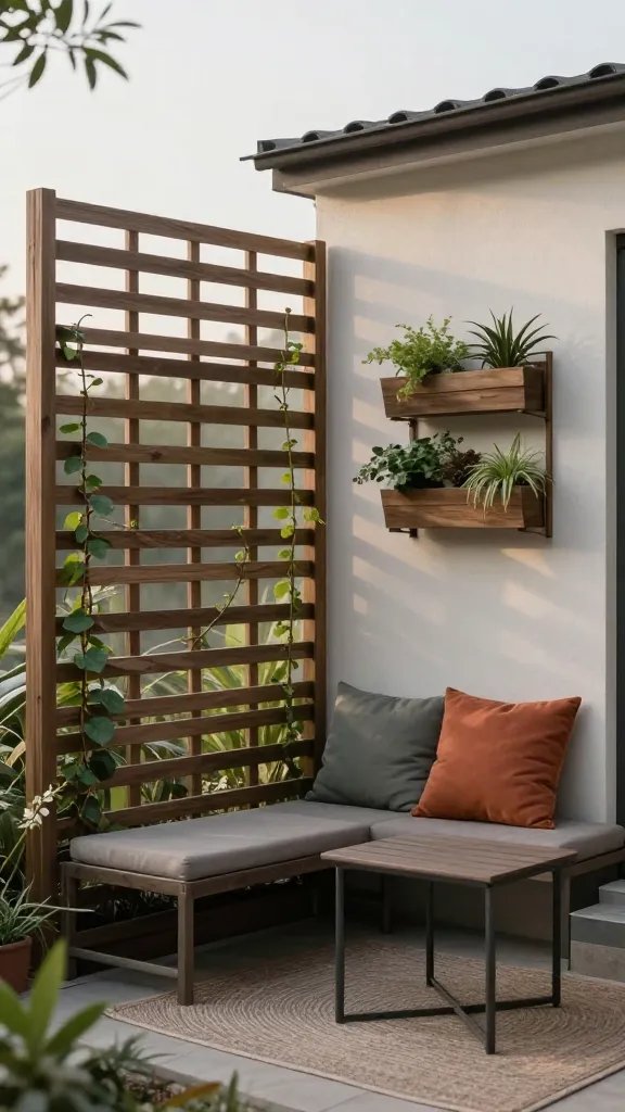 Quiet morning scene featuring a privacy accent: a DIY trellis for a privacy screen installed along one edge, with climbing vines beginning to twine across the slats. In front, a small seating area with a bistro set sits on a textured rug, while a vertical wall planter on a wooden frame adds depth at the back. A tall plant on one side provides vertical contrast, and a weather-resistant throw pillow adds a pop of color. The image should feel serene and deliberate, with soft, diffused light and gentle shadows suggesting a calm, ready-to-use space.