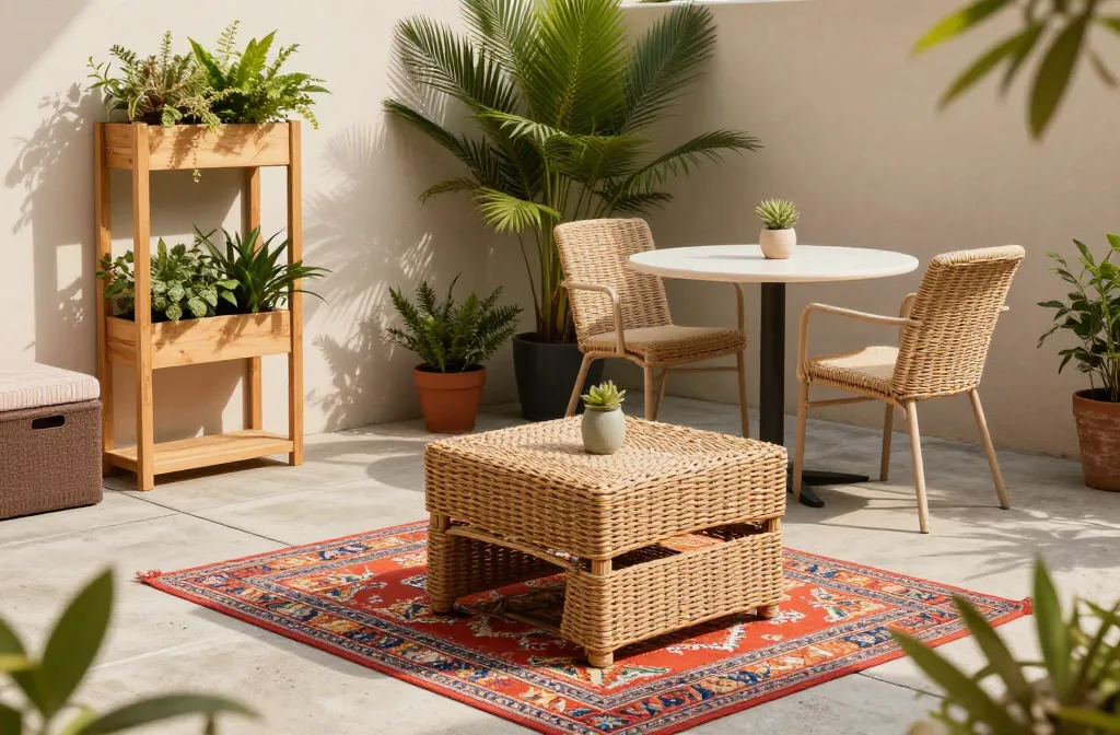 10 Ways to Fake a Patio Makeover on a Budget- Outdoor Bistro Set, Wicker Coffee Table, Interlocking Deck Tiles for a Concrete Patio , Outdoor Area Rug, Weather-Resistant Throw Pillows, Potted Tall Living Plants, Vertical Wall Planter on a Stand Alone Wooden Frame, Floor Stencils and Concrete Paint, Outdoor Storage Ottoman, Diy Trellis for a Privacy Screen