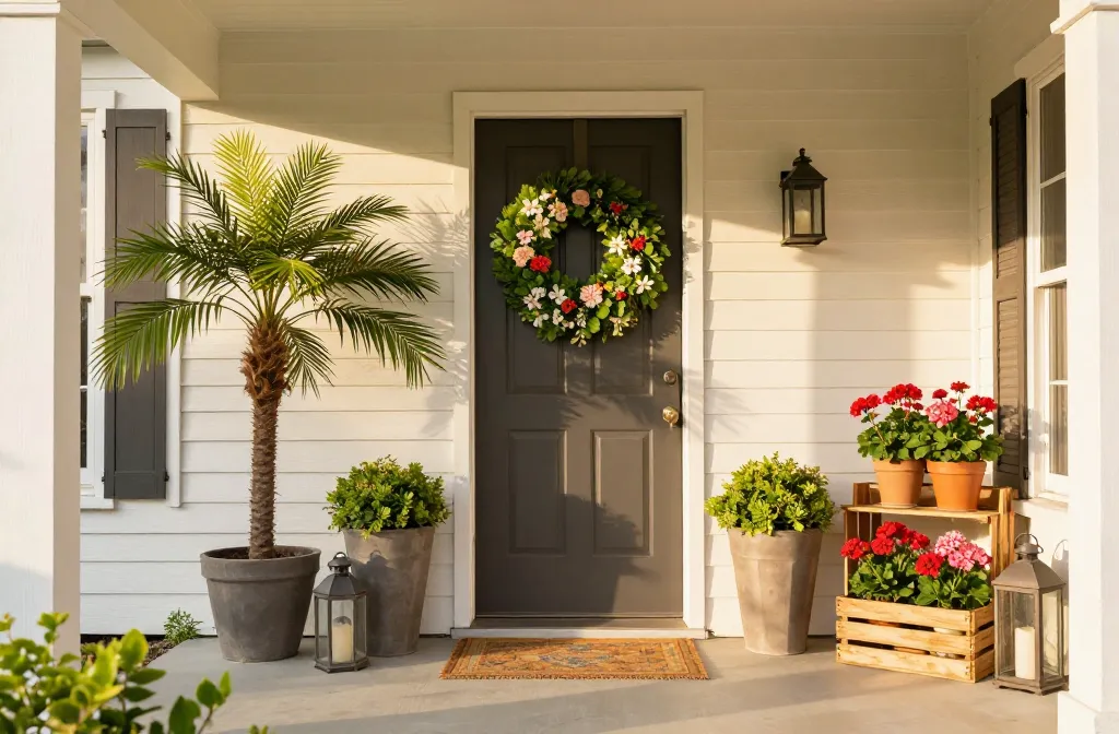 15 Front Door Decor Ideas for Summer on a Budget That Transform a Plain Porch Including Oversized Summerwreath, Tall Planter, Faux Palm, Outdoor Rug, Metal Lantern, Thrifted Stool, Potted Geraniums, Solar Path Lights, Wooden Crate Shelf, Faux Eucalyptus Bundle, Citronella Candles, Ceramic Potted Plants, Hanging Basket, Lemon Garland, Porch Sign