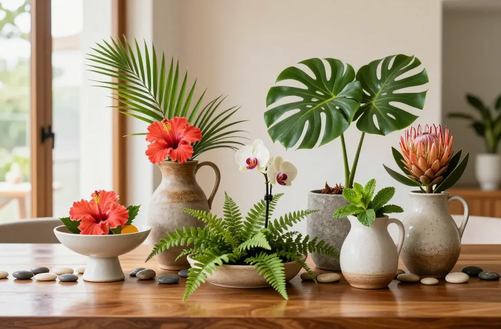 15 Tropical Summer Flower Arrangements for Cozy Indoor Spaces Using Tabletop Centerpieces Including Orchids in a Footed Bowl, Hibiscus in a Ceramic Pitcher, Palm Fronds in a Tall Vase, Ginger Flowers in a Ribbed Jug, Monstera in a Stone Pot, Plumeria in a Shallow Bowl, Protea in a Ceramic Vase, Eucalyptus in a Tall Bottle, Papyrus in a Jug, Roses in a Curved Vase, Ferns in a Low Dish, Cosmos in a Glass Bottle, Mint Stems in a Pitcher, Hydrangeas in a Bowl, Floating Petals in a Dish to Brighten Your Space