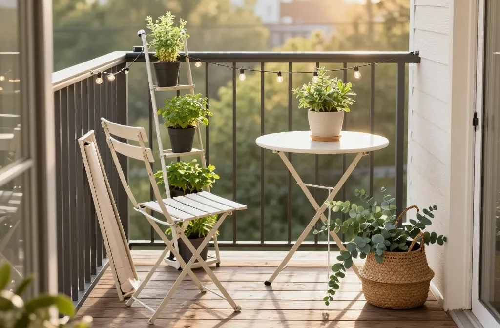 15 Renter‑Friendly Garden Decor Ideas You Can Take with You for Small Balconies Including Foldable Bistro Chairs, Narrow Plant Ladder, Potted Thyme, Clip‑on Railing Planters, Solar String Lights, Ceramic Herb Pots, Mini Lanterns, Outdoor Seat Cushion, Rolling Plant Caddy, Small Side Table, Faux Eucalyptus Stems, Woven Planter Basket, Citronella Tin, Tabletop Watering Can, Compact Outdoor Rug