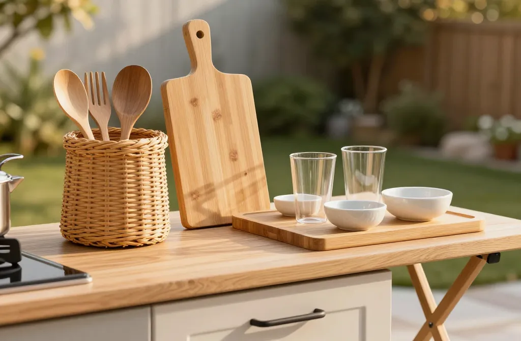 15 Tiny Patio Outdoor Kitchen Essentials for Renters Including Woven Utensil Caddy, Bamboo Serving Board, Acrylic Tumblers, Collapsible Bar Table, Ceramic Dip Dishes, Silicone Grill Mat, Herb Jars, Stainless Tongs, Enamel Pitcher, Citrus Press, Mini Condiment Cups, Outdoor Tray, Stackable Plates, Patterned Tea Towels, Cooler Cube Orbital Renters Delight