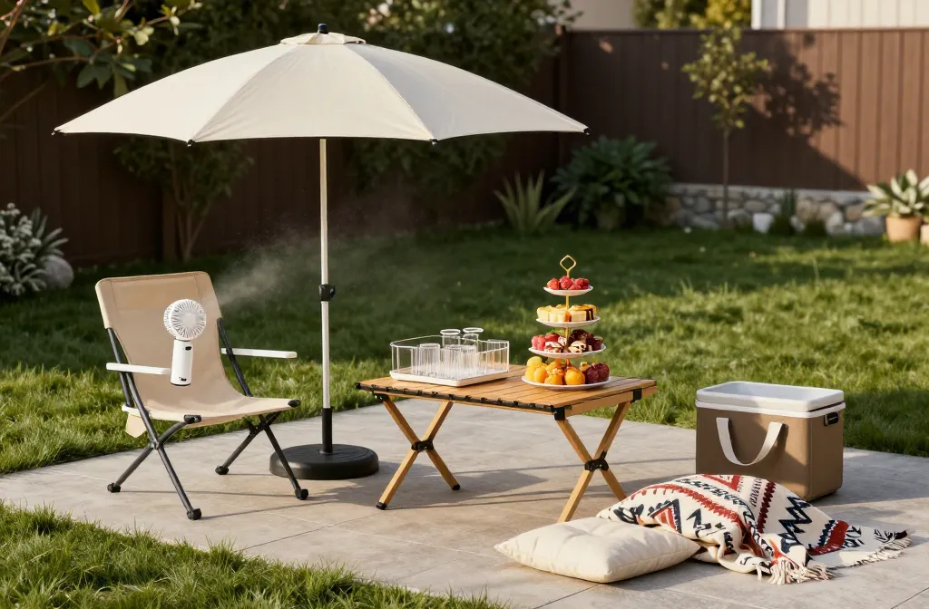 15 Rental‑Friendly Backyard Party Ideas for Small Yards That Keep Guests Comfortable Including Misting Bottle Fans, Clip‑on Umbrella Shade, Portable Drink Tub, Drink Garnish Tray, Folding Sling Chairs, Potted Lavender, Handheld Bug‑Repellent Fans, Acrylic Drinkware, Snack Tower, Mini Cooler Tote, Outdoor Cushions, Tabletop Fan, Herb‑Scented Candles, Compact Bar Caddy, Patterned Light-Weight Throw Blanket