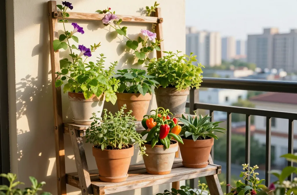 10 Ways to Grow a Small Balcony Garden Growing Fresh Vegetables and Herbs | Plastic Containers, Recycled Materials and Organic Fertilize in Cute, Clever Pots, Wall Trellis, Ladder to Hold Pots, Upcycled Ceramic Plant Pots