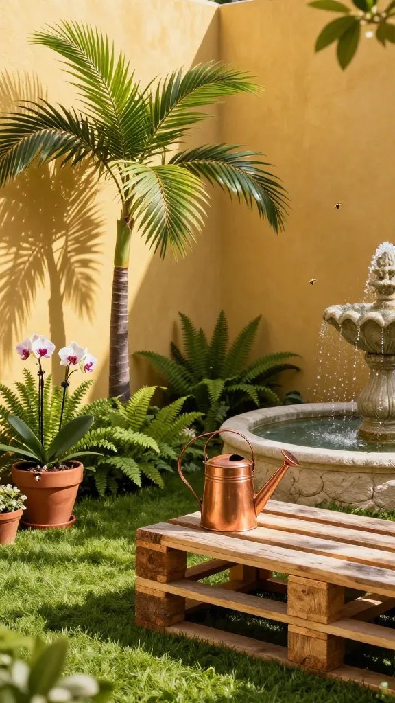 A sun-drenched tropical garden corner in a tiny backyard, high sun filtering through tall, warm-toned walls like liquid gold, emerald turf patch under a slender palm silhouette swaying gently, a copper watering can resting beside a handcrafted pallet bench with sunny weathered wood, a delicate fountain in the background creating a soft splash, orchids and ferns lushly arranged in terracotta pots, bees buzzing softly; shot at golden hour with a shallow depth of field, clean lines, and a magazine-grade framing that emphasizes microclimate and intimate scale.