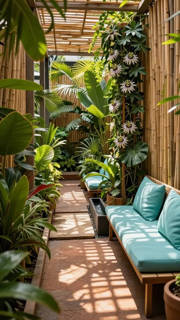 A close-up street-level shot of a microclimate design: a narrow pathway lined with layered tropical foliage, slender bamboo fencing, a vertical trellis with climbing passionflower, a compact water feature tucked between stone slabs, and a low, cushioned seating nook with outdoor cushions in seafoam blues; the sunlight leaks through lattice above, producing dappled light patterns on the textured ground, captured with high dynamic range to highlight greens and warm brick tones.