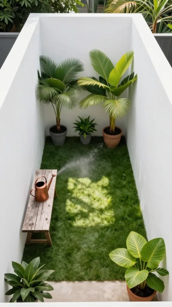 An overhead architectural shot of a compact tropical retreat: a rectangular patio framed by whitewashed high walls, a sunlit turf patch in the center, a curved copper watering can resting on a weathered bench, and a light mist of fountain spray creating tiny rainbows; include potted palms and philodendrons arranged in a tonal gradient from emerald to jade, shot with a clean, minimalist color palette and precise lines.