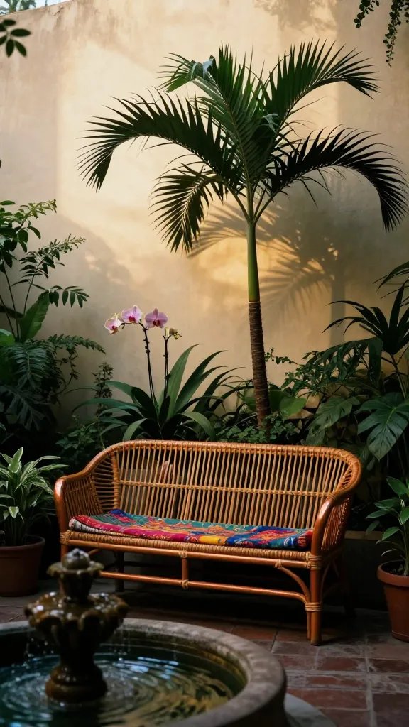 A moody, cinematic garden portrait: a single palm frond silhouette against a bright sunlit wall, a handmade bench with woven rattan and bright textiles tucked beneath, a small fountain in the foreground, and orchid blooms in the mid-ground; color palette emphasizes warm golds, deep greens, and copper accents, shot from eye level with a shallow focus on the bench to convey invitation and linger-ability.