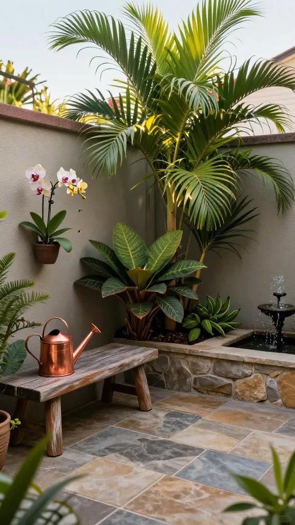 A dynamic wide shot of a tiny backyard “vacation hotspot”: a stone-tile patio, low-height walls, and a microclimate cluster of tropical plants including cordyline, calatheas, and ornamental bananas; a copper watering can perches beside a handcrafted bench, bees hovering near a hanging orchid installation, a small fountain providing soft splashes; captured in late afternoon with high contrast and a long lens to compress textures and emphasize scale.