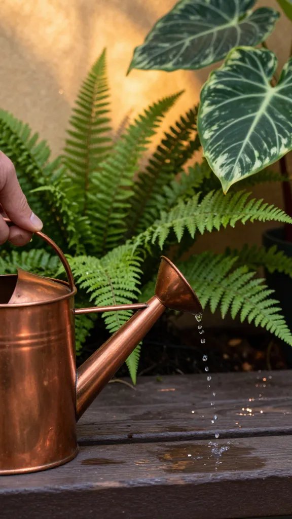 A tactile detail scene: close-up of a hand turning a copper watering can spout over a bench edge, droplets catching light, behind it a lush border of fern fronds and variegated philodendron; the wall behind glows with sunlit amber tones, and a tiny fountain’s reflected shimmer adds sparkle; shot with macro lens to reveal texture of metal, wood, and leaf venation.