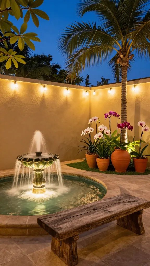 A vibrant twilight shot: the tiny tropical backyard transformed with string lights along the top of a high wall, a softly lit fountain sending ripples across water, a terracotta pot cluster with orchids and palms, and a rustic bench inviting pause; camera at waist height, long exposure to capture glow, gentle movement of leaves, and warm color balance that evokes resort ambiance.