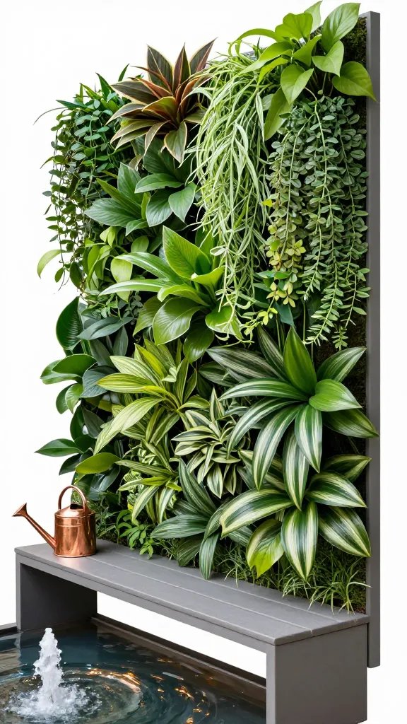 A vertical garden vignette: a narrow wall-mounted planter wall full of cascading tropical species, including tradescantia and pothos, paired with a low bench and a copper watering can on its corner, a small fountain beneath with reflected light playing on shiny leaves; shot from a corner angle to emphasize depth, using a tilt to accentuate the height of the wall and the density of foliage.