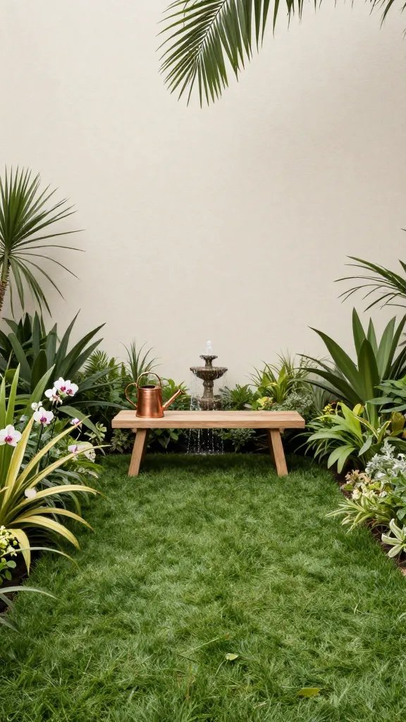A micro-lawned oasis: a patch of emerald turf surrounded by lush plant borders—the scent of orchids in bloom and a palm silhouette overhead; a handmade bench sits to one side with a copper watering can, a compact fountain creates a gentle splash; take the shot from a slightly lower angle to exaggerate the wall height and create a sense of enclosure, with soft, natural color grading.