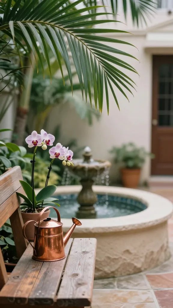 A candid sensory scene: a breeze catching a palm frond’s edge, orchid-scented air implied by blooming clusters near a small fountain, a copper watering can and a handmade bench in the foreground, walls softly blurred in the background to imply depth; composition uses leading lines from the bench toward the water feature, capturing the intimate, resort-like feel in a tight back yard.
