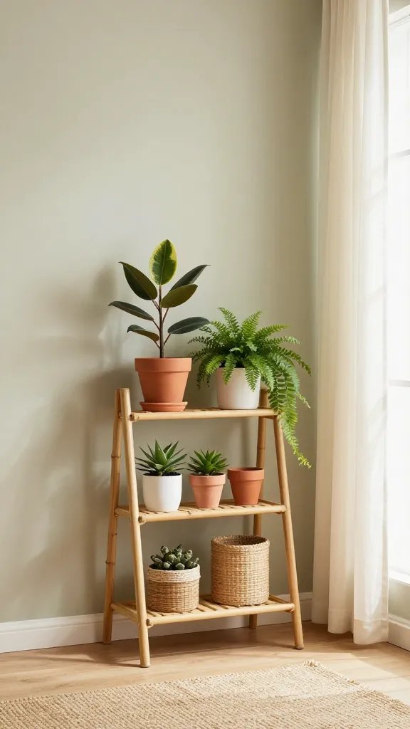 A sunlit living room plant shelf scene with a pale sage wall, a slim bamboo ladder-style shelf holding a curated mix of terracotta pots, matte white planters, and woven repp canisters. Include a variegated rubber plant, a small maidenhair fern, and a trailing pothos. Soft spotlight from a floor-to-ceiling window with sheer cream curtains, light wood tones, and a woven jute rug. A delicate balance of height, texture, and negative space suggests calm, not clutter.