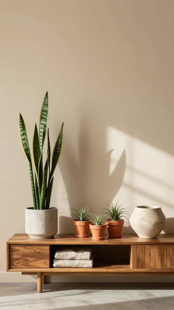 An airy shelf vignette featuring a low-profile midcentury console with a single tall snake plant, a cluster of three mini terracotta pots with air plants, and a sculptural ceramic planter. Include natural materials: wood, stone, and linen textiles. The backdrop is a warm beige wall; sunlight filters through a sheer curtain creating gentle shadows. The scene emphasizes rhythm and intentional spacing.