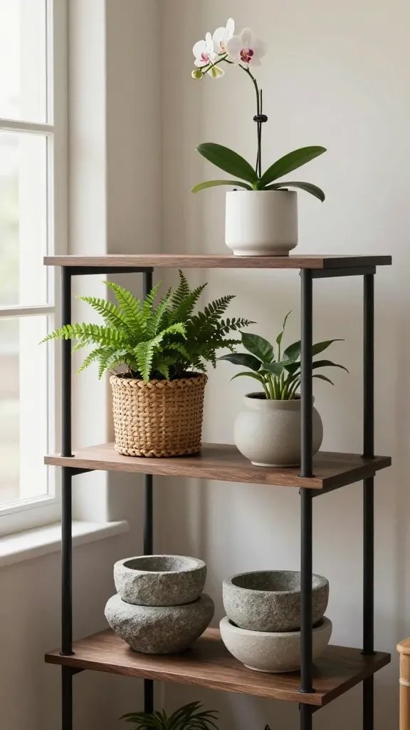 A close-up, multi-angle editorial shot of a four-tier shelf in a living room corner. On the top tier: a small orchid in a matte white pot; middle tiers: a fern in a woven rattan pot, a jade plant in a pale gray ceramic, and a stack of two stone bowls as accents. Include soft, diffuse backlight and a blurred window frame in the background to convey a calm, curated vibe.