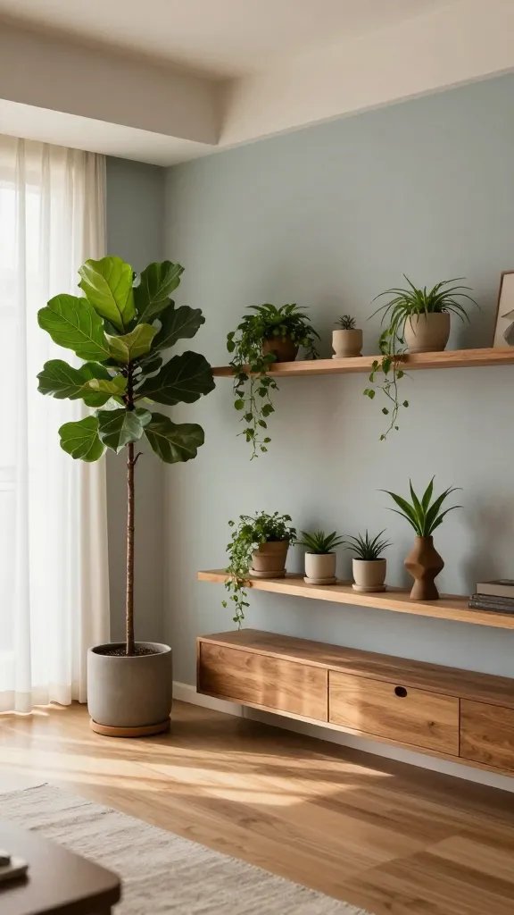 A wide-angle interior shot of a living room with a feature plant shelf running along a built-in nook. Show a tall fiddle-leaf fig on the left, a trio of small trailing plants in ceramic pots on an adjacent shelf, and a single sculptural plant stand. Use warm wood tones, subtle green accents, and a pale blue-gray wall. Light streams through sheer curtains, creating a gentle glow and a sense of organized abundance.