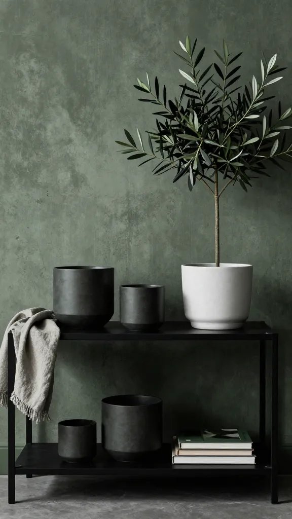 A moody, high-contrast editorial image of a shelf styled with monochrome greens: black metal shelf frame, matte charcoal pots, and a single olive tree in a white ceramic pot. Include a textured concrete wall, a natural linen throw draped nearby, and a small stack of design books. The lighting is directional from the side to sculpt the leaves’ texture and negative space.